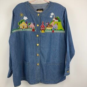 Bob Mackie Wearable Art Village Embroidered Denim Shirt Blue Cotton Womens 1X